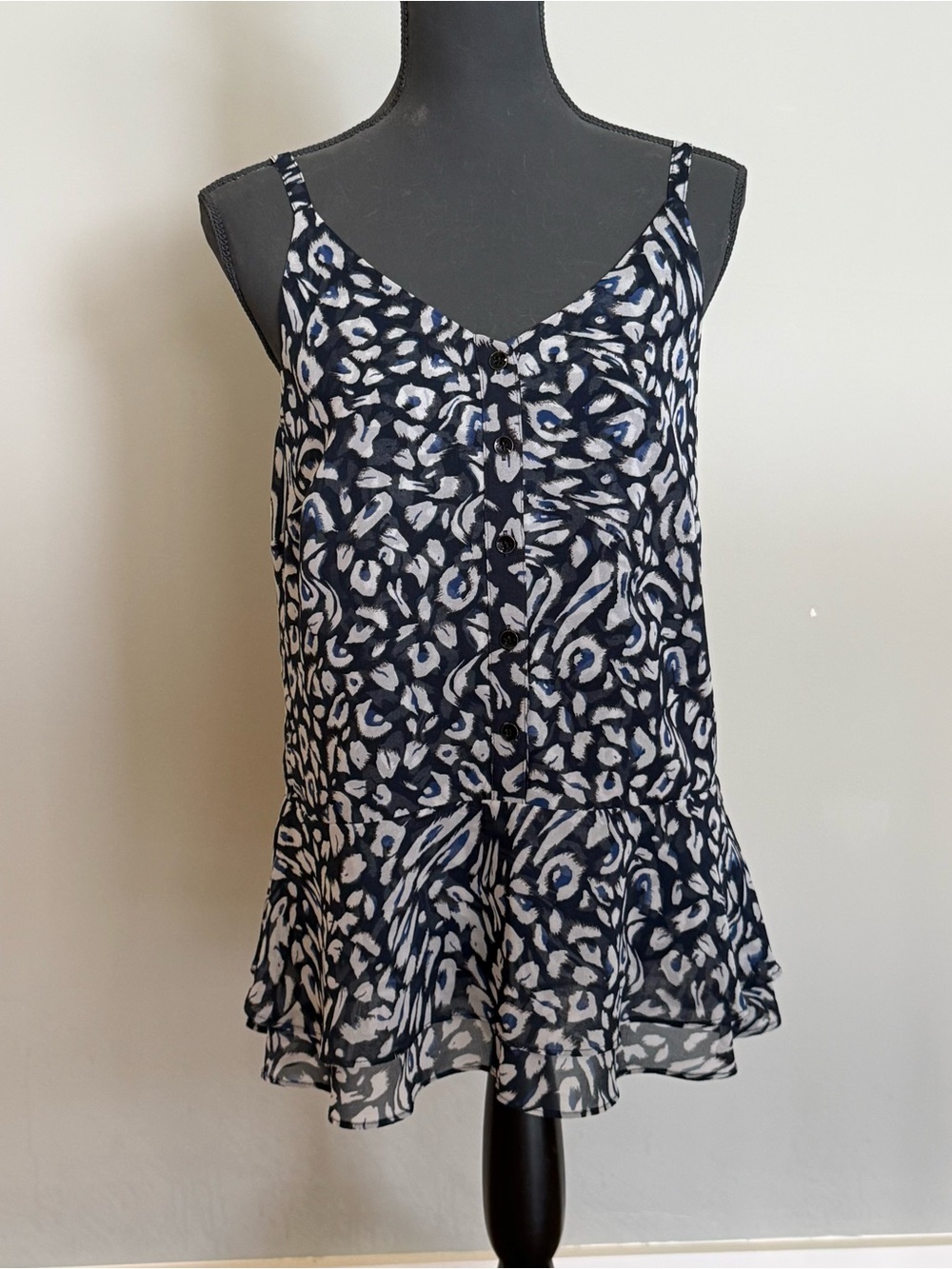 Cabi Navy and White Printed Ruffle-Hem Camisole